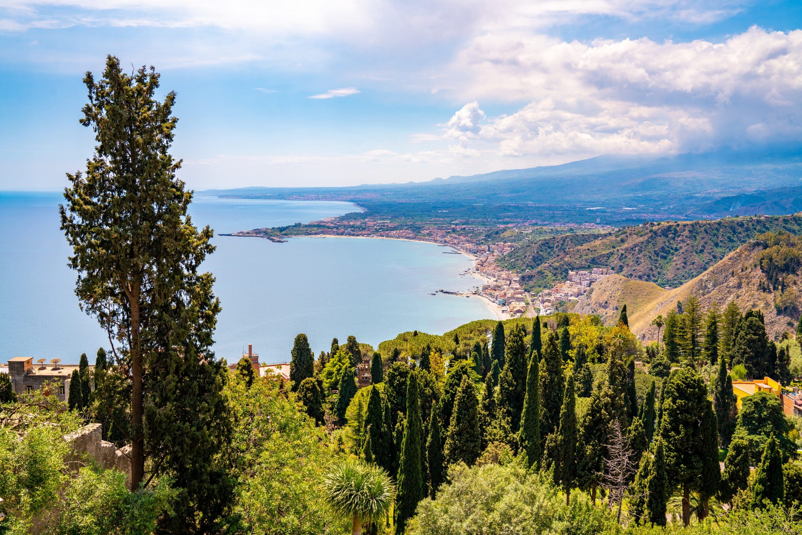 An aerial shot of the beautiful Taormina, Italy